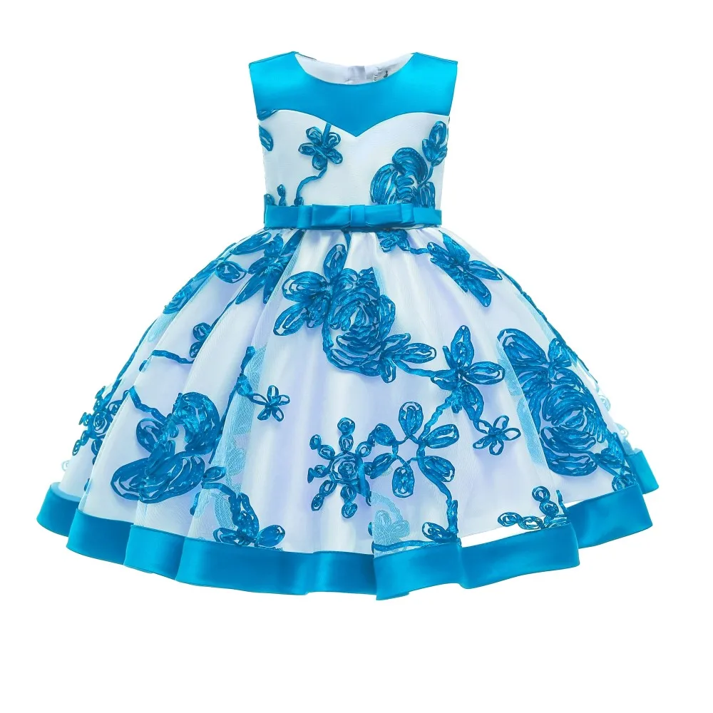 Длина до колена, для детей возрастом от 3 до 10 лет, коллекция года, дизайн, лоскутное голубое платье с цветочным узором для девочек Пышное детское вечернее платье