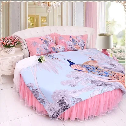 Perfect LACE ROUND Corner Bed Europe Orange color Flower Bedding sets Cotton Round Double Bed sheet Duvet cover Pillow case Bedskirt 78
