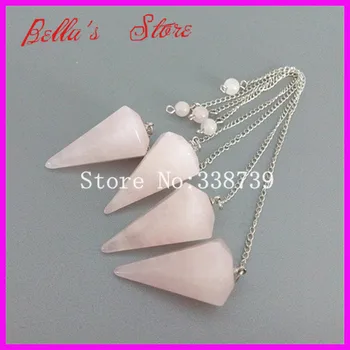 

5pcs Natural Quartz Faceted Cone Pendulum Pendants with Chain 6mm Pink Quartz Round Beads Hypnosis Pendant 17x35mm