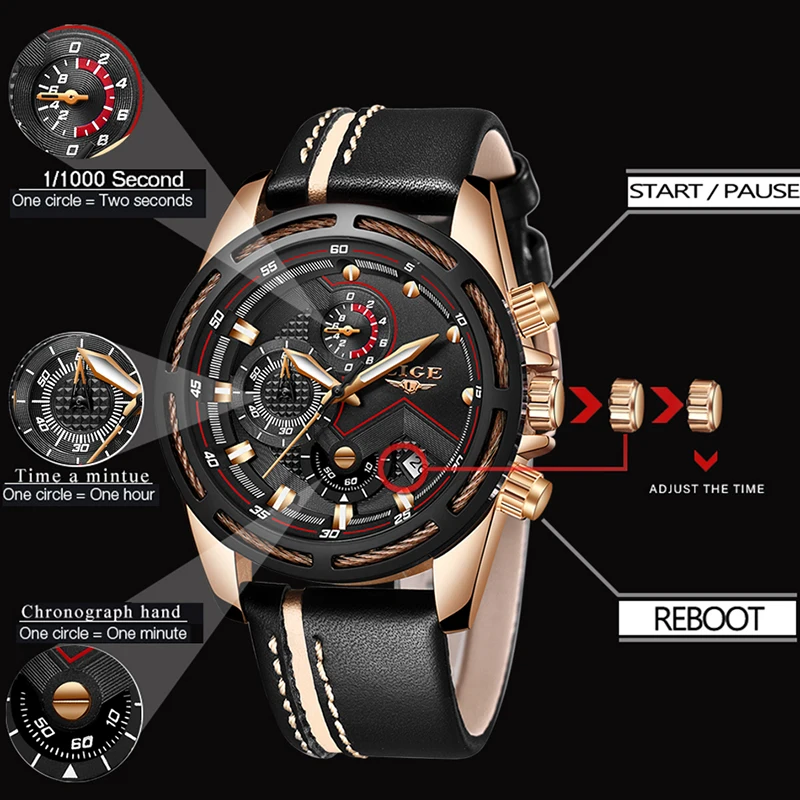 Relogio LIGE Mens Watches Top brand luxury Fashion Military Quartz Watch Mens Leather Waterproof Sport Watch Relogio Masculino
