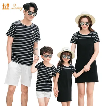 Mother Daughter Dress Family Clothing Summer Striped T-shirt Short Pants Family Matching Outfits Father Son Clothes Set family matching clothes summer fashion mother daughter dress father son short sleeve cotton tshirt patchwork striped family look