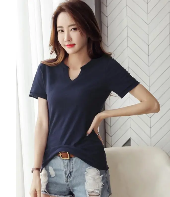 

New Korean version of the self-cultivation wild V-neck bamboo cotton solid color t-shirt casual top