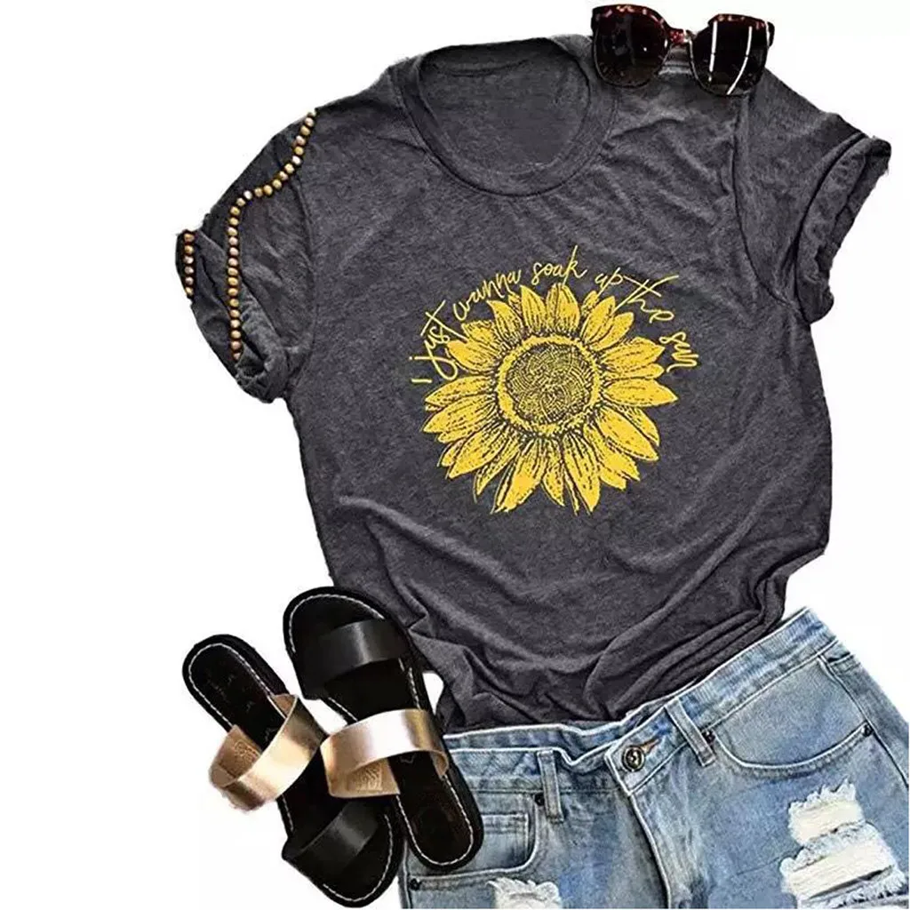 

2019 Fashion Cool Print Female T-shirt Sunflower Women Tshirts Summer Casual Harajuku T Shirt Streetwear Femme Top