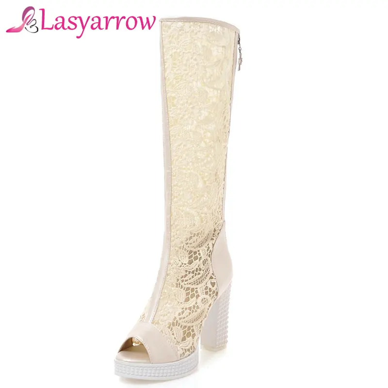 cheap Lasyarrow Knee High Boot Open Toe Woman Sandals Elegant Lace Black White Beige Big Size 33 43 High Thick Heel Zip Breathable F10