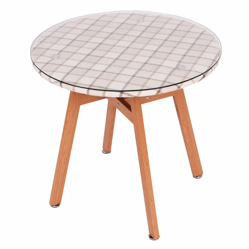 Goplus Round Dining Table Steel Frame Tempered Glass Top Modern Table Wooden Leg Desk Home Decor Kitchen Furniture HW54171