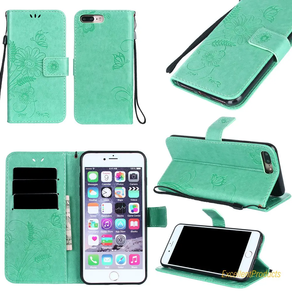 Goedkoop Voor Apple iphone 7 plus Case Siliconen amp; Luxe mier bloem vlinder Lederen Portemonnee Flip Telefoon cover Voor iphone 8 plus coque Capa
