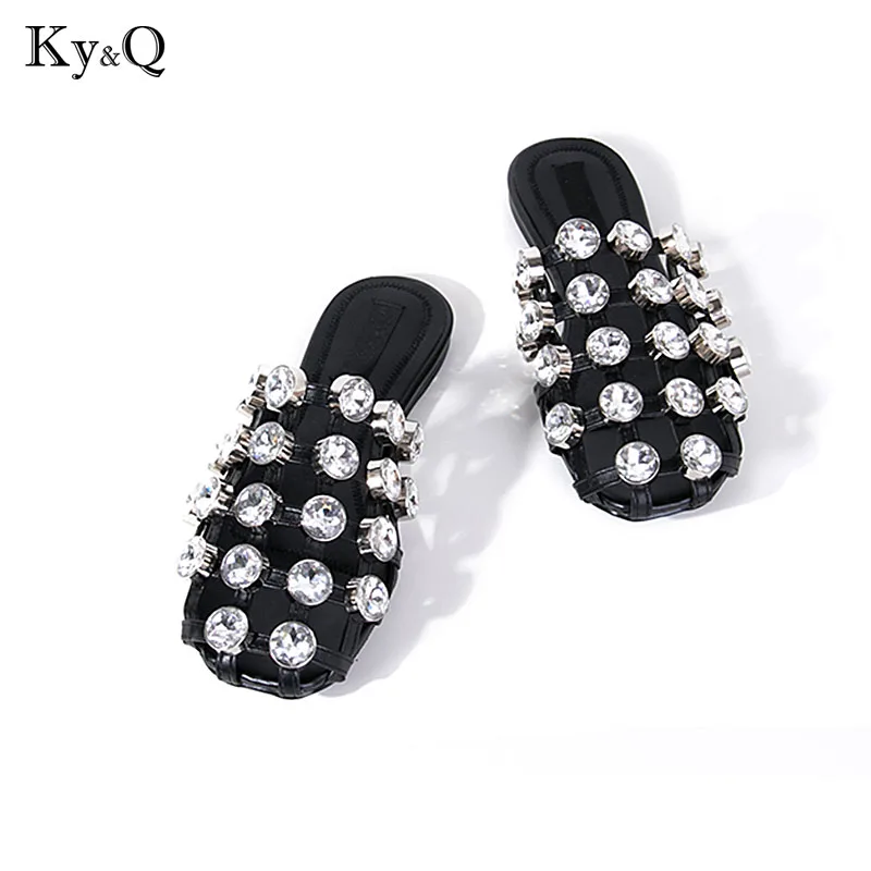 

2018 Runway High Quality Slides Flats Sandals Studded Leather Caged Slippers Summer Shoes Woman Flats Sandalias Mujer