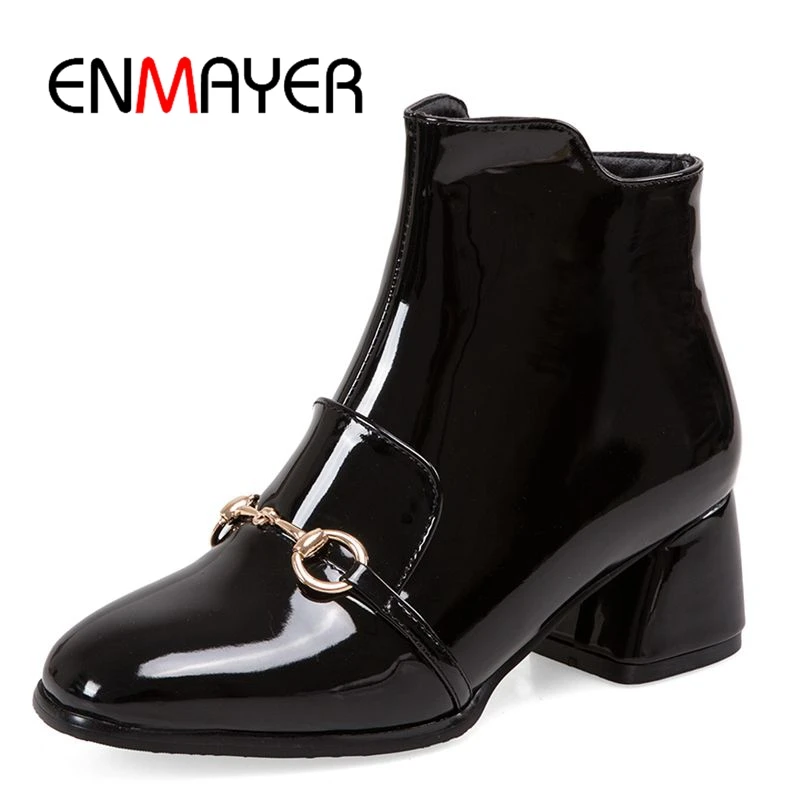 

ENMAYER 2018 New fashion Pointed shoes martens boots Winter Light leather women Square heel Shot Plush boots Size 34-47 ZYL088