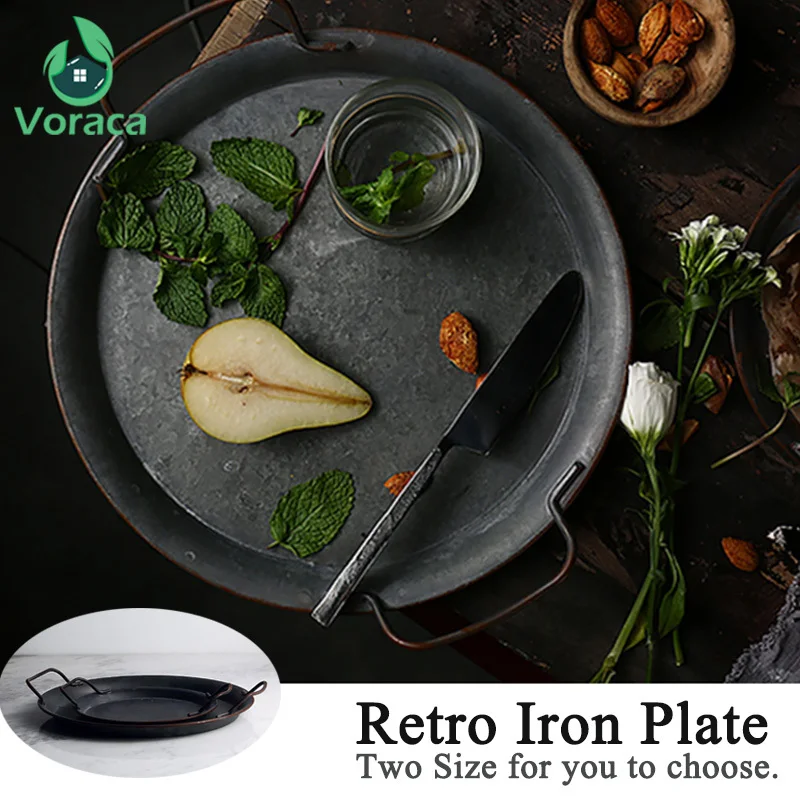 Круглая железная Ретро тарелка с двумя ручками, Винтажный французский поднос для хлеба, украшение стола, тарелки, домашний декор, инструменты для фотографирования