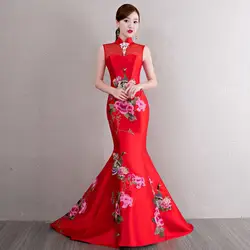 Китайский Стиль Свадебные Длинные Cheongsam ретро сексуальные тонкие Вечерние вечернее платье брак платье Qipao Женская одежда Vestidos красный