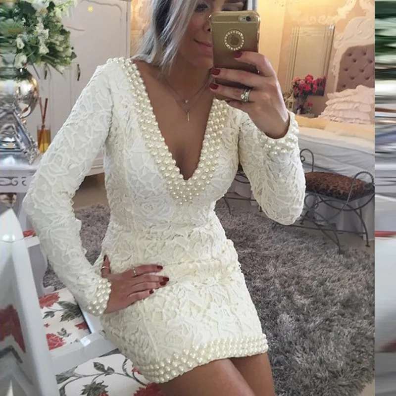 

Free shipping Festa Coctel Glamorous handmade long sleeve Pearl white Lace Deep V neck short Prom Party bridesmaid dresses