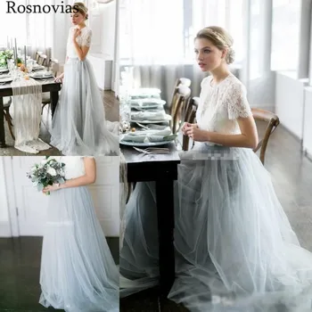 

Charming Long Prom Dresses 2019 Jewel Short Sleeves Sweep Train Lace Appliques Tulle Evening Party Dresses Formal Gowns Custom