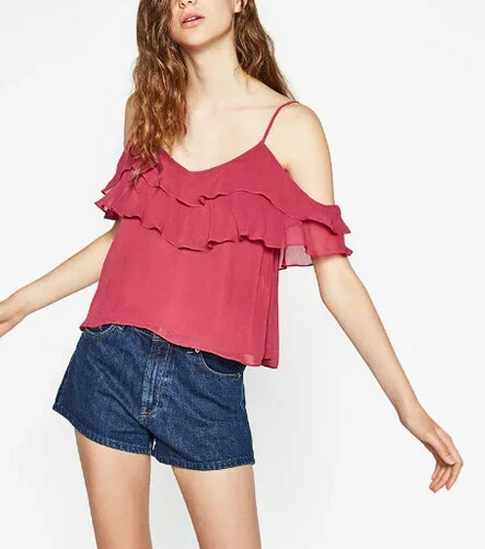 New Fashion Women Vintage Vestidos Ruffle Spaghetti striped Blouses Shirts Sexy Off Shoulder Slings Tops Feminine Blusa