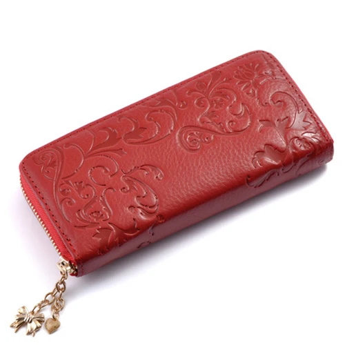 Натуральная кожа бумажник Для женщин Мода Повседневное цветочный узор молния Для женщин кошельки сцепления Длинный кошелек - Цвет: Красный