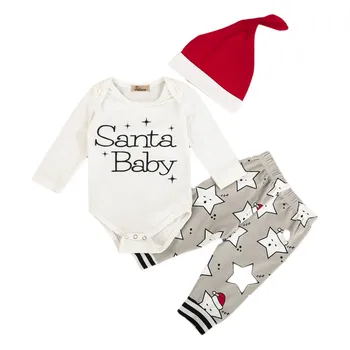 

New Christmas Newborn Baby Boys Girls Infant Kids Costomer Cotton Tops Santa Romper Bodysuit Long Pants Hats Xmas Outfit Clothes