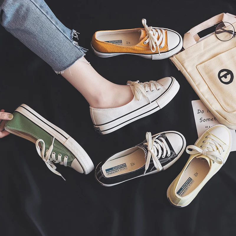 

Women White Shoes Female Summer 2019 New Korean Version Basic Student Shoes Flat Bottom Lazy Canvas Shoes Lace Up Shallow 35-40