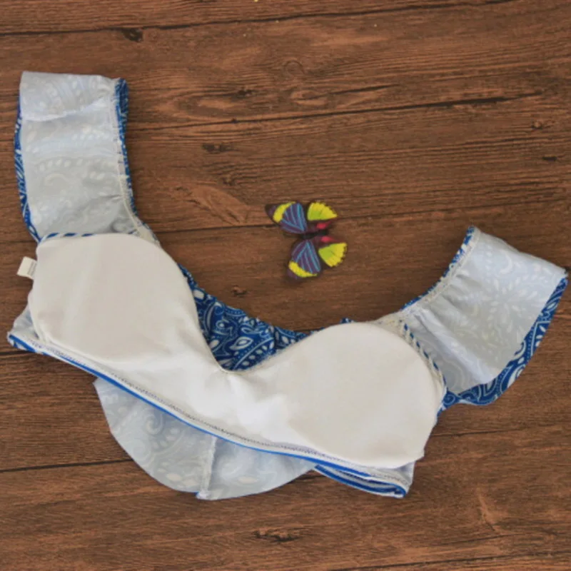 

Women Summer Off Shoulder Bikini Top with Pants Print Ruffled Hem Low Waist Swimsuit KH889