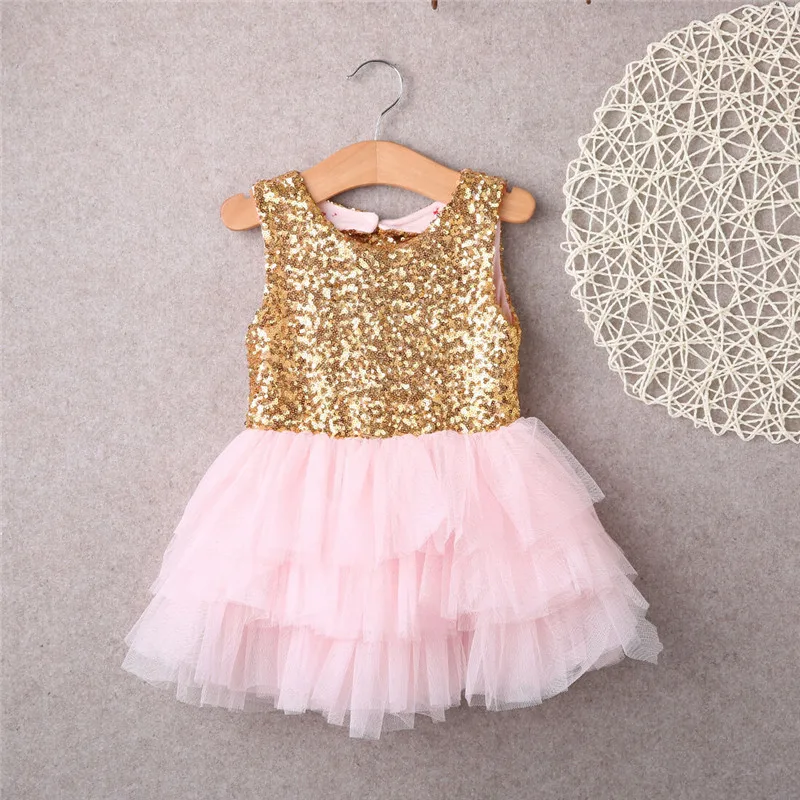 

Cute Bow Princess Dress Kids Girl Gold Slive Metal Sequins Sleeveless Pink Mesh Ball Gown Tutu Dress Party Dresses Bridesmaid