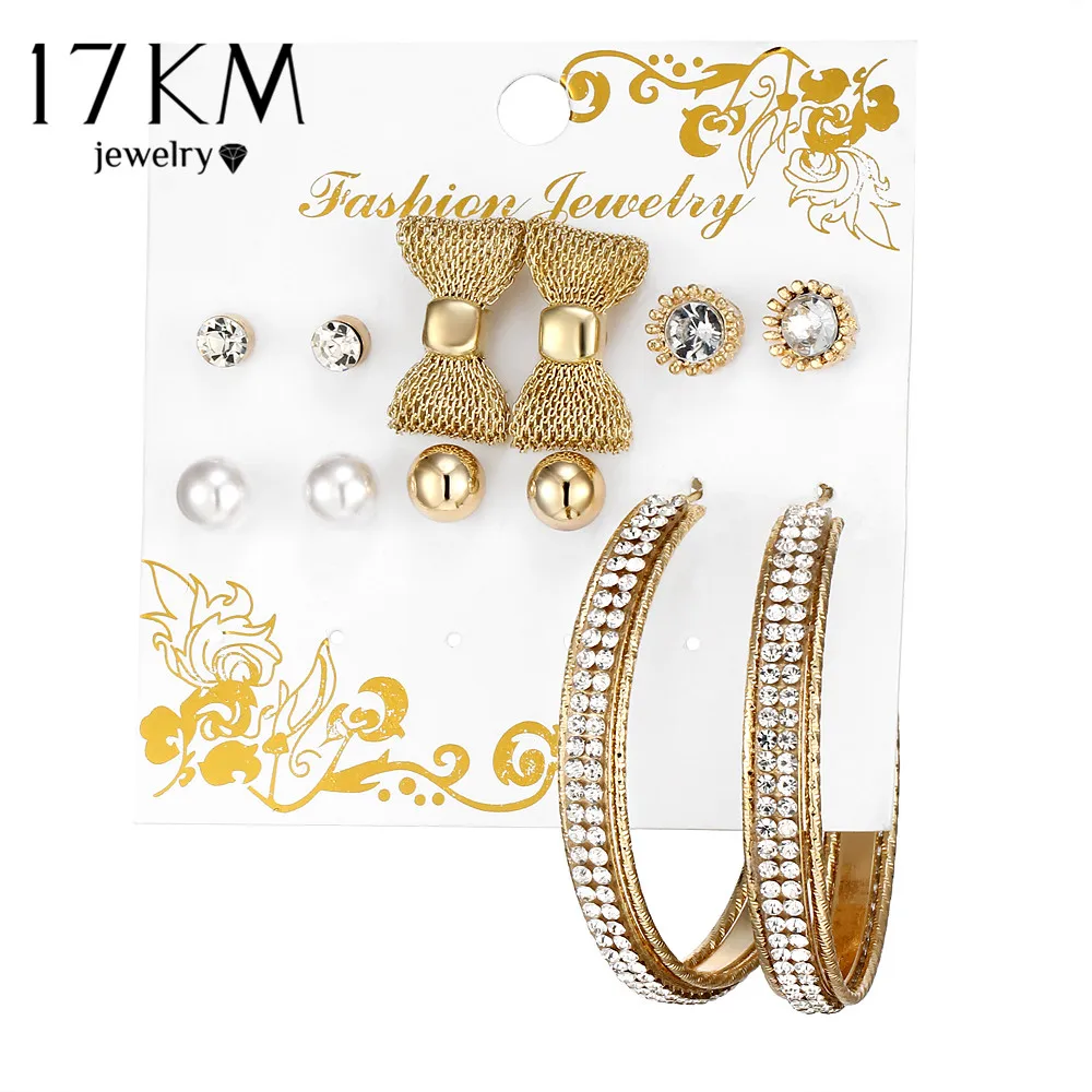 

17KM Bow Knot Simulated Pearl Crystal Stud Earrings For Woman Round Big Circle Earring 6 Pairs/Set Mix Ear Stud Fashion Jewelry