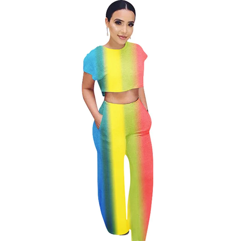 

Autumn Colorful 2 Piece Sets Women Short Sleeve T-shirt Tops and Wide Leg Pants Ladies Two Pieces Trousers Suits Casual Outfits