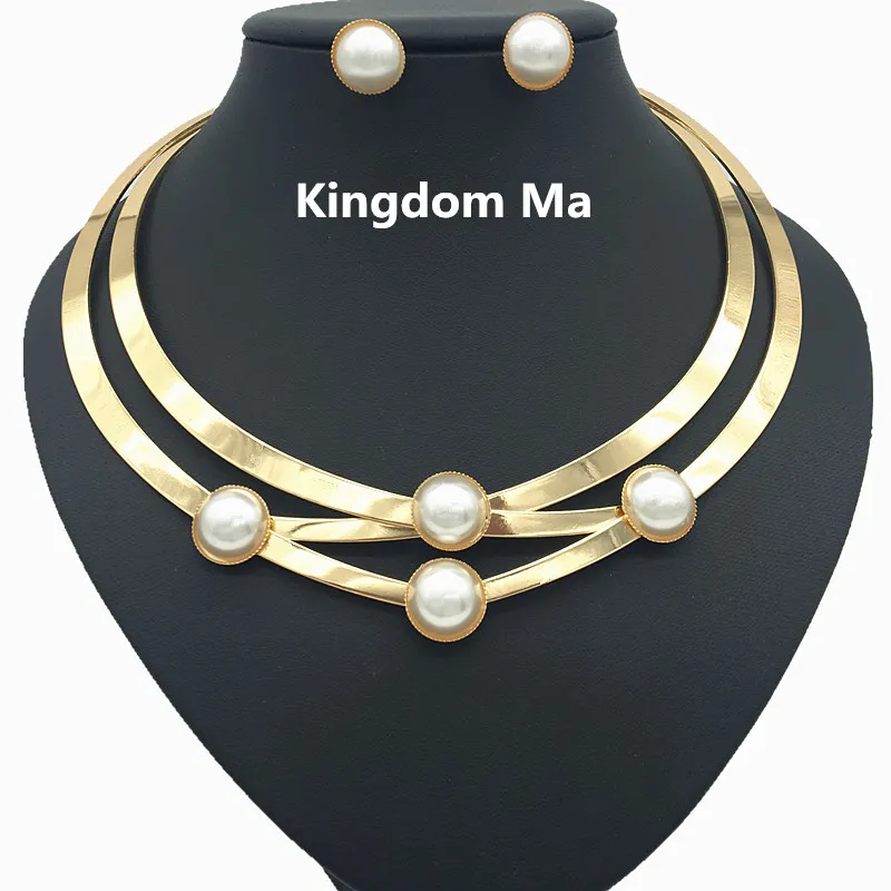 

Kingdom Ma Dubai Beads Gold Color Necklace Earrings Jewelry Set Bridal Bridesmaid Imitation Pearl Wedding Elegant Party Gift Set