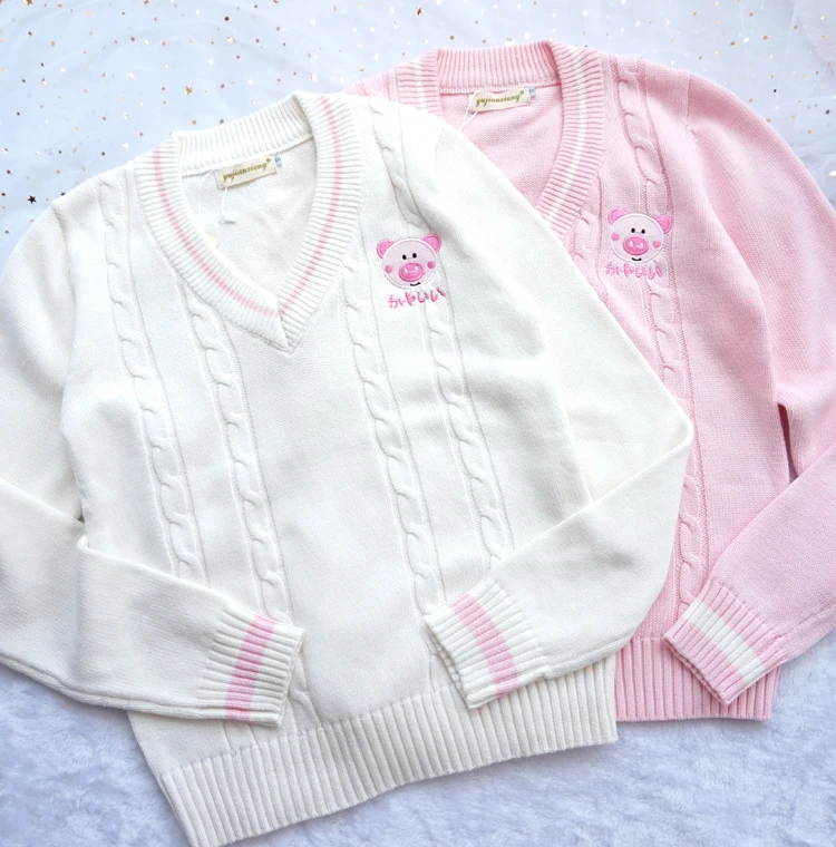 Kawaii Cute Piggy Embroidery Sweater Japanese Korea Preppy Style School JK Uniform Women's V-Neck Long Sleeve Knitted Sweater
