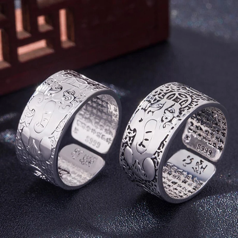 

KOFSAC Thai 925 Sterling Silver Blessing Ring Vintage God Beast Amulet Buddha Baltic Buddhist Scripture Ring Men's Jewelry