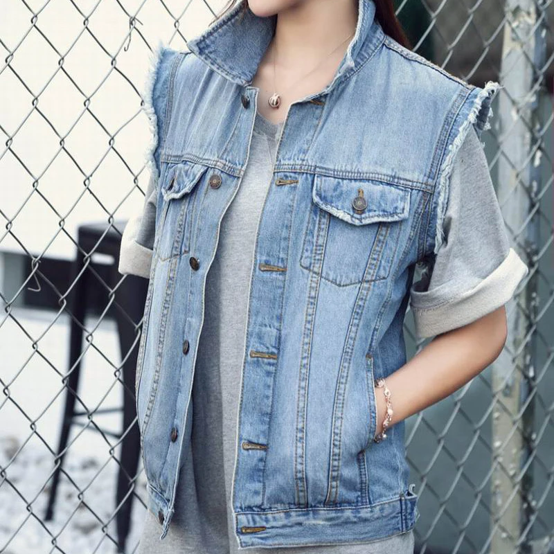 Women's Ripped Retro Short Cotton Denim Vests High Quality Brand New