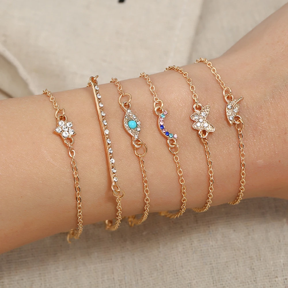 

6pcs/set Women Bracelet Gold Color Flower Butterfly Star Moon Evil Eye CZ Paved Slim Charm Bracelet Wristband Lady Jewelry MB008