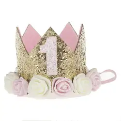 Новый цветок корона новорожденных повязка Золото на день рождения корона 1 год Номер Priness Стиль день рождения шляпа Детские аксессуары для