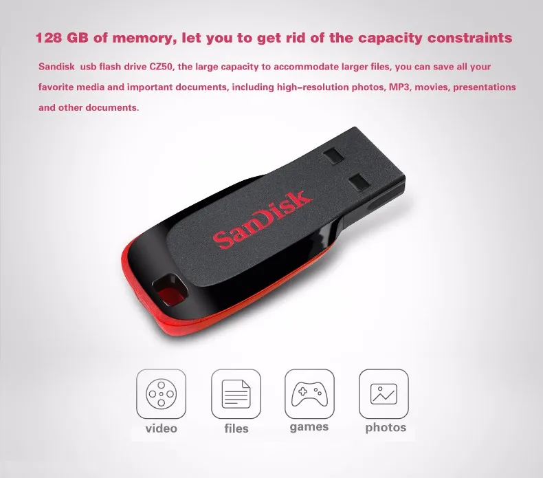 SanDisk флеш-диск USB 2,0 16 ГБ 32 ГБ 64 Гб 128 ГБ Cruzer Blade CZ50 флеш-накопители поддержка официальной проверки