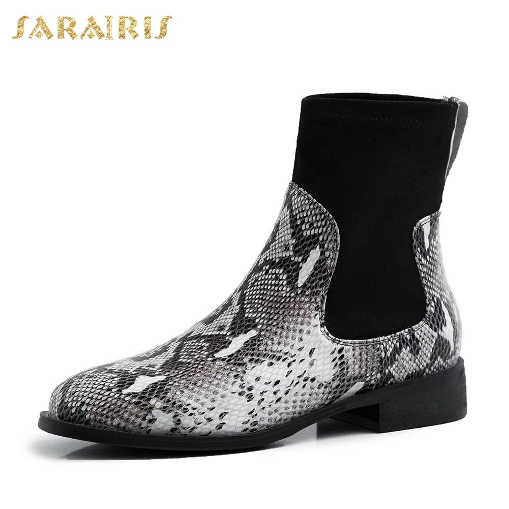 

Sarairis Brand New Big Size 33-40 Genuine Leather Snake Veins Shoes Woman Casual Party Autumn Winter Chunky Heels Ankle Boots