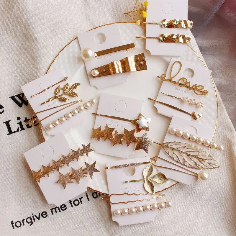 

1SET Korea Geometric Metal Hairpins Imitiation Pearl Star Leaf Shape Chic Hair Clips Hair Accessories for Women Girls