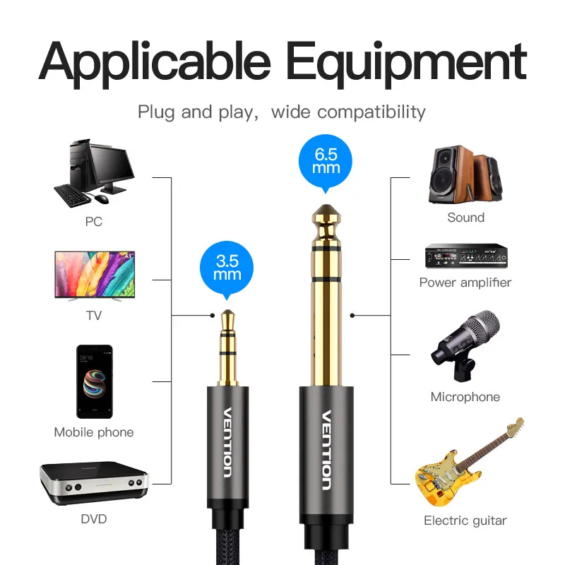 Vention Aux Cable 3.5mm to 6.5mm Audio cable Jack 3.5 to 6.35 Male to Male Aux Cord for Guitar Mixer Amplifier CD Player Speaker Vention Aux Cable 3.5mm to 6.5mm Audio cable Jack 3.5 to 6.35 Male to Male Aux Cord for Guitar Mixer Amplifier CD Player Speaker