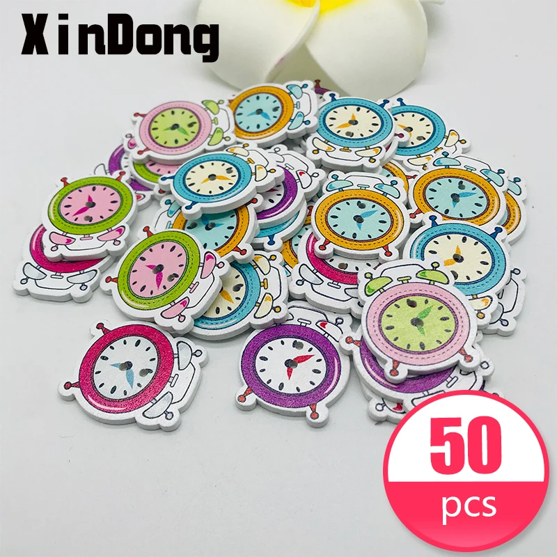 

XINDONG 50pcs wooden buttons for scrapbooking crafts DIY Alarm clock Children Kid Clothes Button Decorations Eco-friendly button