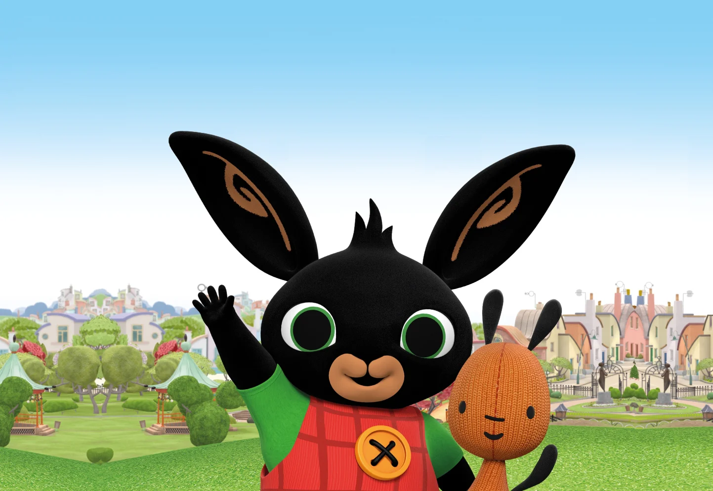 

7x5FT Green Garden Bing Bunny City Flat Skyline Building Custom Photo Studio Backdrop Background Vinyl 220cm X 150cm