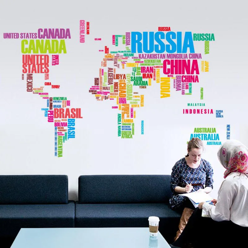 

PVC Wall Stickers Colorful Letter World Map Vinyl Art Sticker Kids Room Living Room Office Home Decor Removable