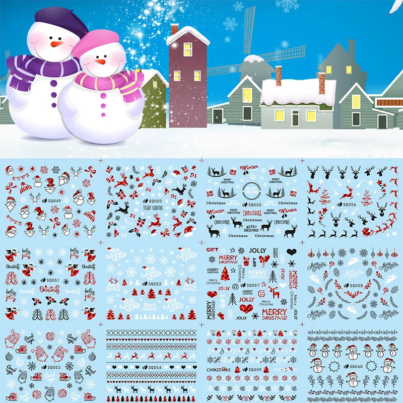 

12sheets/lot Xmas 3D Nail Art Stickers Tips Wraps Santa Claus Snowflake Deer Angel Tree Nails Merry Christmas Decor SQ049-060