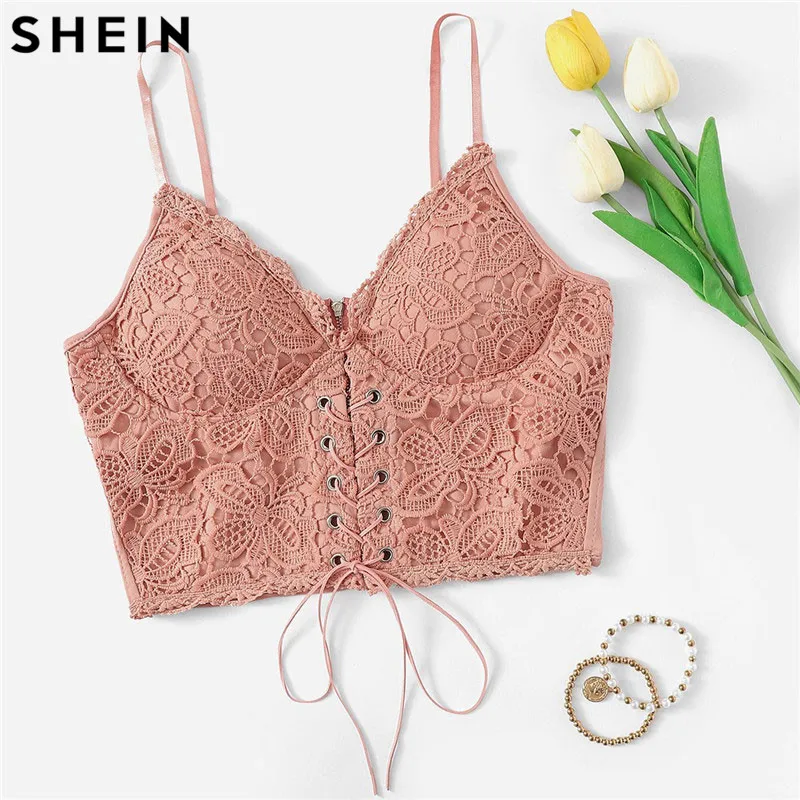 SHEIN Кружевной Топ На Бретельках С Шнуровкой Ажурный Топ Без Рукавов