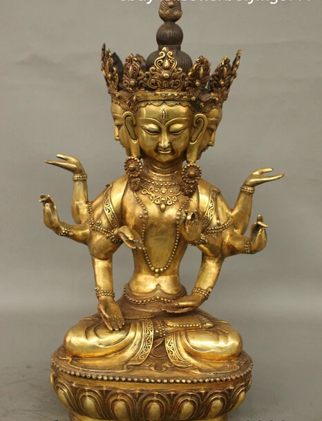 

005788 20 Tibet Bronze Gilt Temple 4 Hends 8 Arms Kwan-Yin Guan Yin Buddha Statue