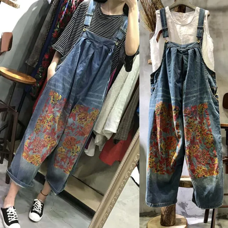 japanese loose cute jumpsuits women new cartoon embroidery oversized denim overalls female cuffed wide leg trousers Free Shipping 2019 New Fashion Women Wide Leg Loose Jumpsuits And Rompers With Pockets Printed Plus Size Patchwork Overalls