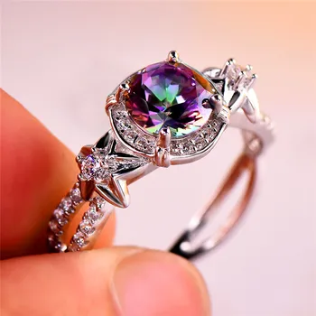 

Mystery Female Rainbow Stone Ring Cute 925 Sterling Silver Flower Ring Vintage Wedding Bands Promise Engagement Rings For Women