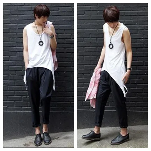 

Male Summer Plus Size Swallowtail Vest And Long Sections Slim Tops Men O-neck Hedging Thin Soft Cotton Non-mainstream Tees
