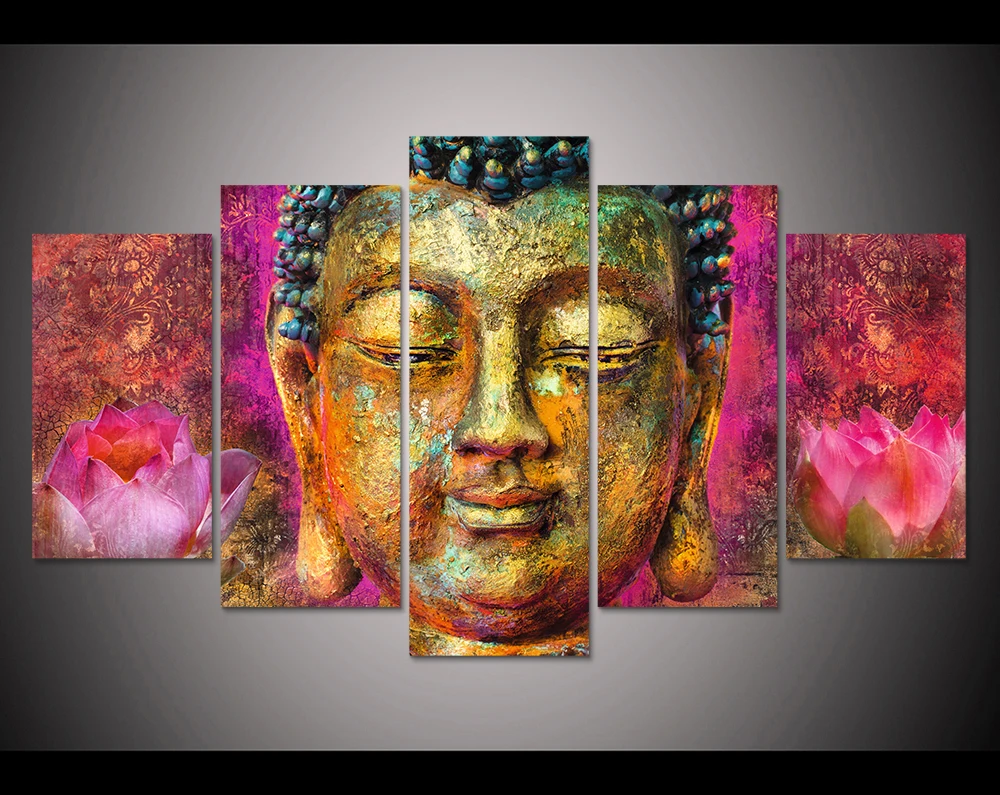 Framed HD Print 5pcs canvas wall art pink lotus buddha Painting modern