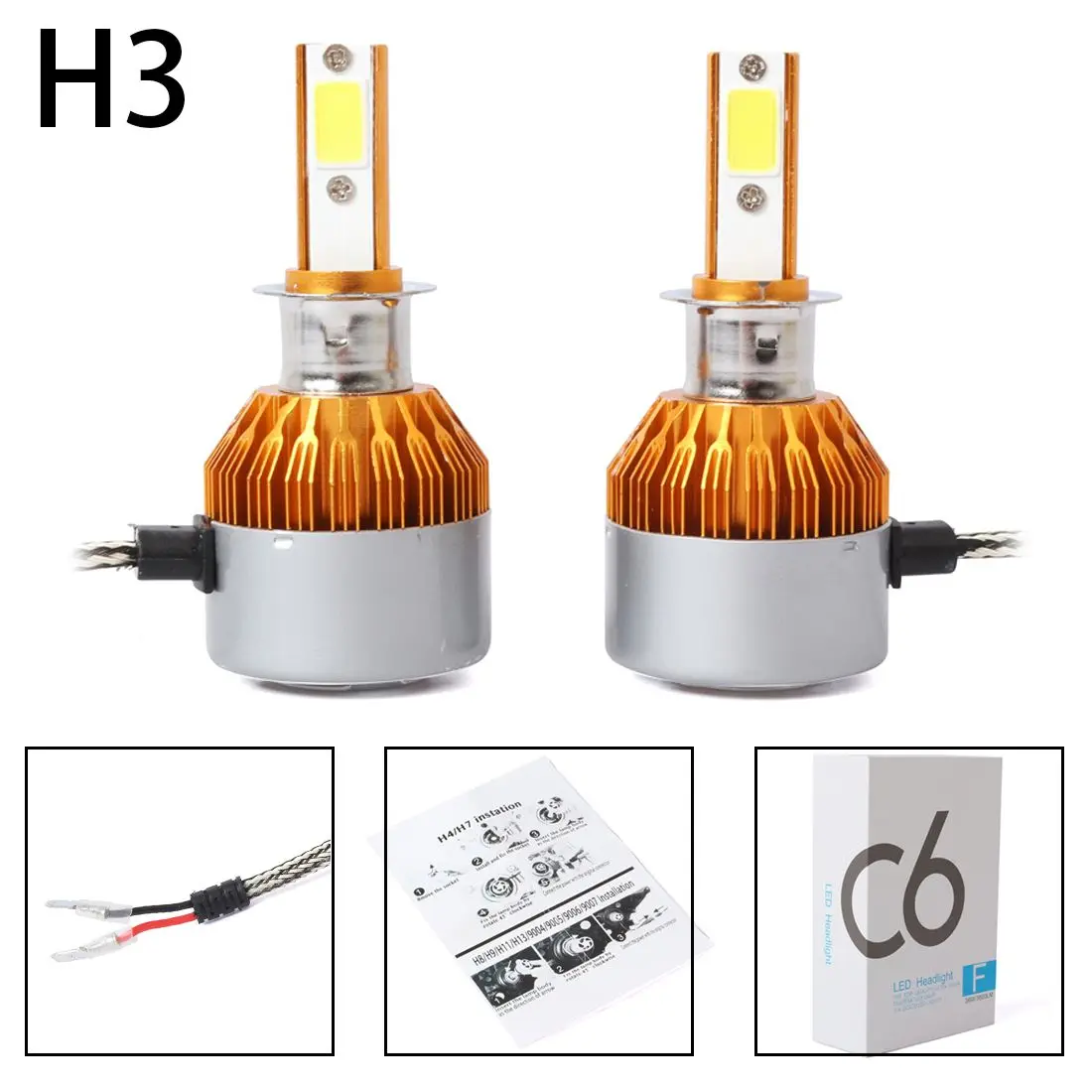 2pcs C6 LED Car Headlight Kit COB H3 36W 7600LM White Light Bulbs Gold