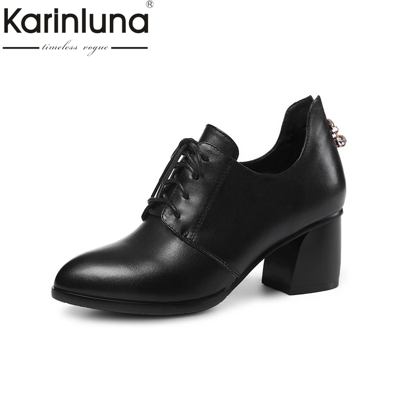 

KarinLuna 2018 Spring Autumn Genuine Leather Ol Mixed Color Women Pumps High Heels Lace Up Elegant Black Shoes Woman