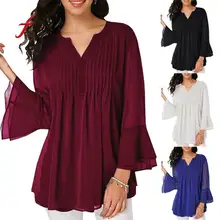 Feitong/женская модная футболка женская летняя Повседневная шифон V шеи с длинным рукавом Мода темперамент футболка простая атмосфера Tee