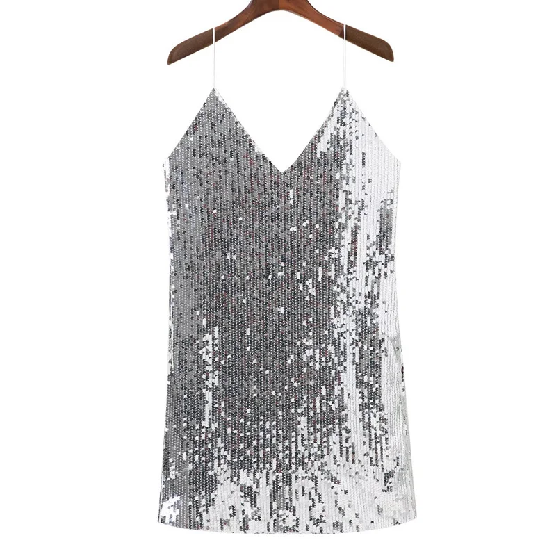 Deep V Neck Autumn Silver Sequined Backless Sexy Dress Women Off Shoulder Mini Dress Christmas Party Club Strap Dresses Vestidos - Image 6