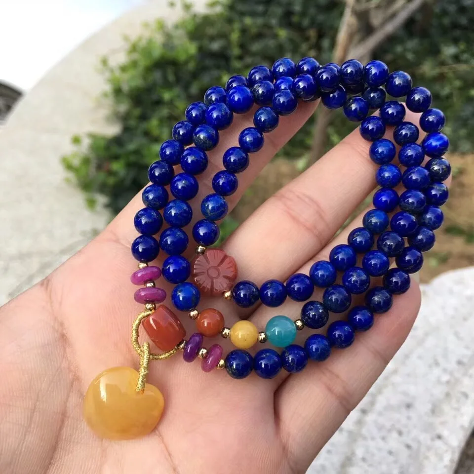 

6.2mm Genuine Natural Lapis Gemstone Bracelet Yellow Amber Pendant For Women Female Gift Crystal Stretch 3 laps Bracelets AAAAA