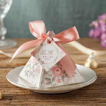 

100 x New customized Creative Pink Floral Triangular Pyramid Wedding Favors Candy Boxes Bomboniera Party Gift Box Sugar Box